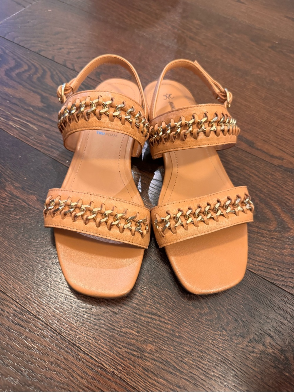 Johnston & Murphy Tan Leather Sandals with Gold Chain Accent (Lilly)